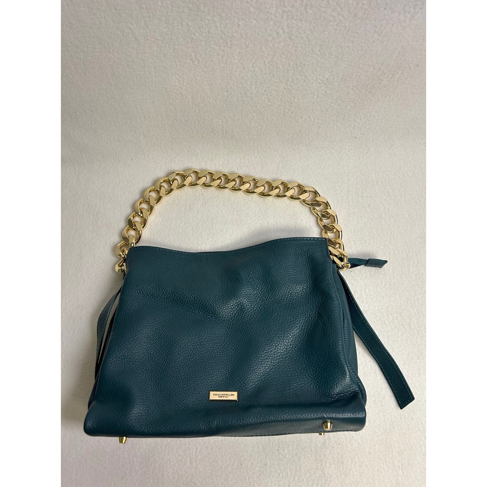 Luxury Italian Viola Castellani Womens OS Teal Leather Gold Chain Shoulder Bag
